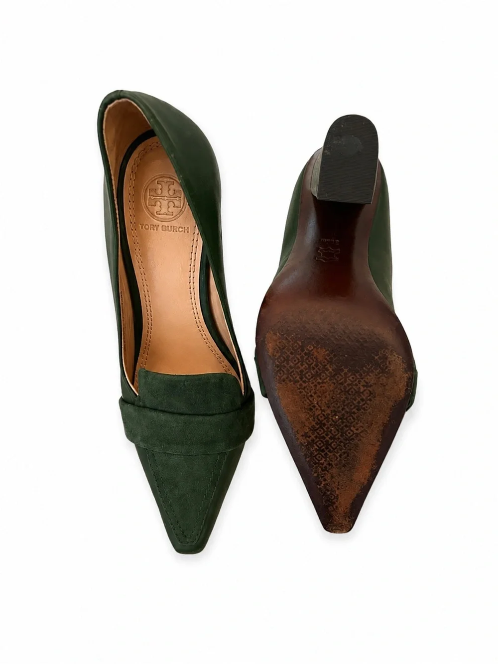 Tory Burch Dark Green Suede Pointed Loafers